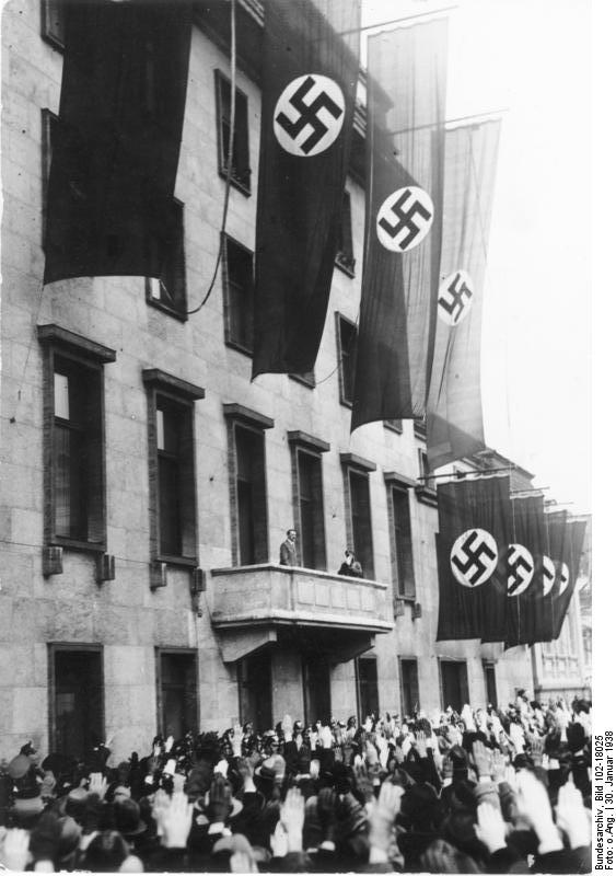 Adolf Hitler on the balcony of the Reich Chancellery for the 5th anniversary of his coming to power